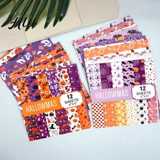 Classic Halloween Elements Stickers 12 Sheets Scrapbook Paper Set, 6x6in Double-Sided Craft Paper, Pumpkin Themed PaperPack Ghost Bat Pattern
