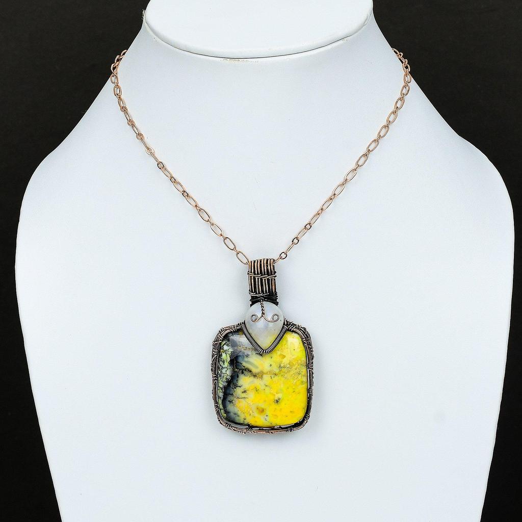 Желтый Дендрит Опал Медный Кулон Медная Проволока Обернутая Ювелирные Изделия Драгоценных Камней Радужный Кулон Лунного Камня Подвеска Ручной Работы Дизайнерские Медные Ювелирные Изделия