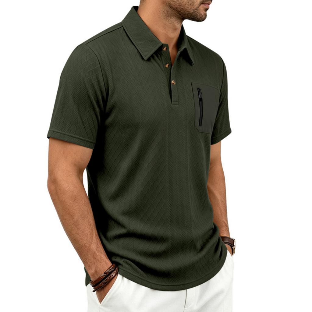 Мужская жаккардовая повседневная свободная рубашка-поло с коротким рукавом, воротником, карманом и молнией, подходит для повседневной носки