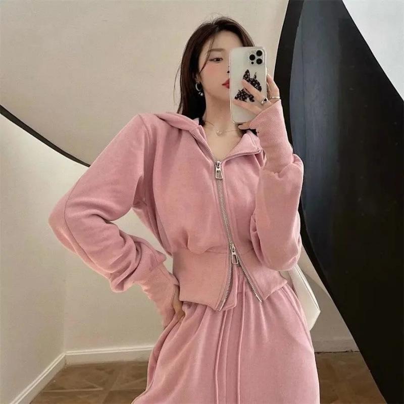 Комплект толстовки с капюшоном в стиле G College и брюк с высокой посадкой и широкими штанинами для женщин - Модная короткая куртка на молнии, Повседневный вариант для начала осени