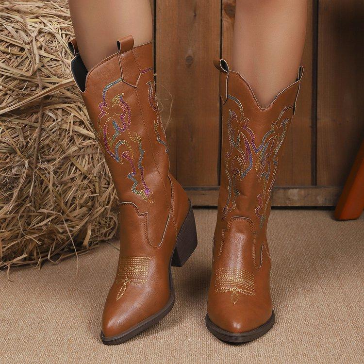 Large Size Boots Women's Autumn and Winter New Embroidered Western Cowboy Style Fashion High Boots Women
