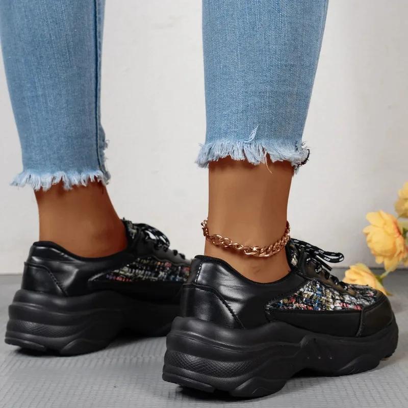 Модные повседневные шикарные женские кроссовки на весну со шнуровкой, нескользящие, с толстой подошвой, удобные спортивные туфли из искусственной парусины, туфли на платформе в стиле пэктворк