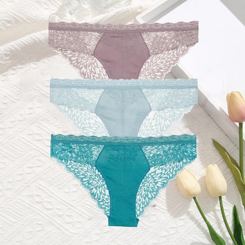 3Pcs/Set Women Sexy Lace Panties Transprant Hollow Out Low Waist Briefs Female Solid Soft Breathable Comfort Underwear Lingerie