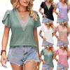European and American Summer Solid Color V-neck Lace Splicing Petals Short-sleeved Loose T-shirt Top