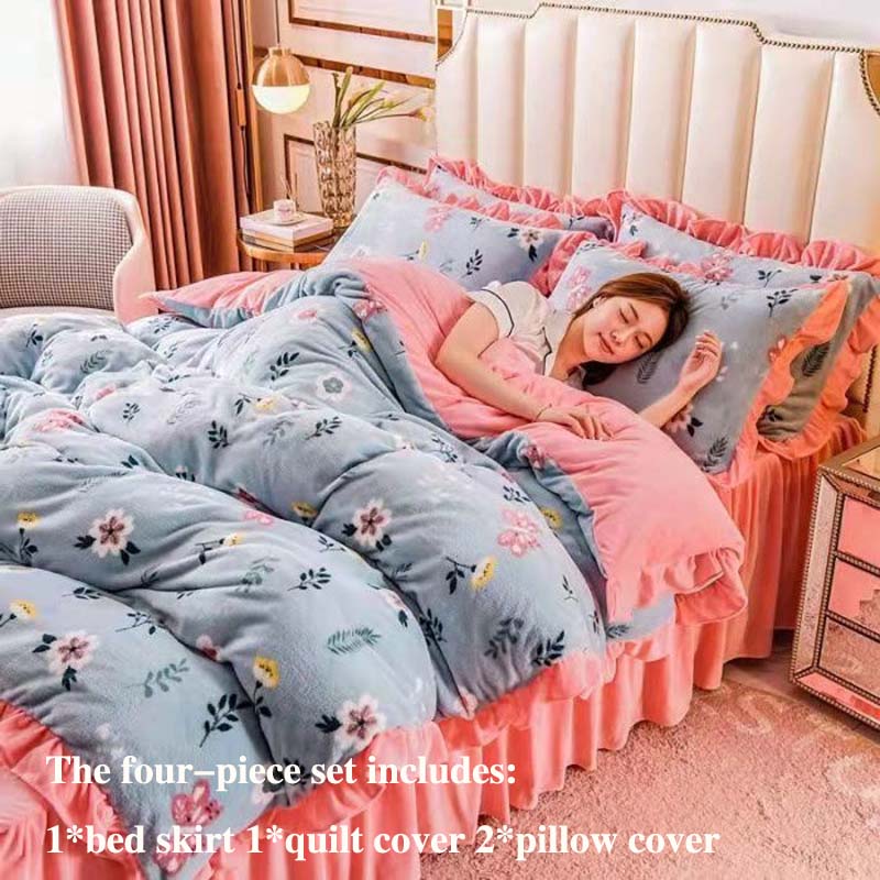 Утолщенный молочный бархат, четырехсекционная юбка-кровать, пододеяльник, наволочка, плюс бархатное тепло, двухсторонний пододеяльник, комплект, стиль принцессы, знаменитости