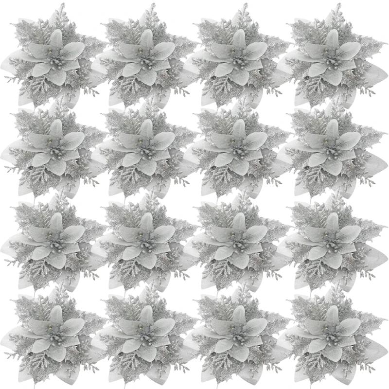 Artificial Poinsettia Christmas Flowers Red Gold Sparking Glitter Fake Flower for Xmas Tree Ornaments Florals Party Home Decor