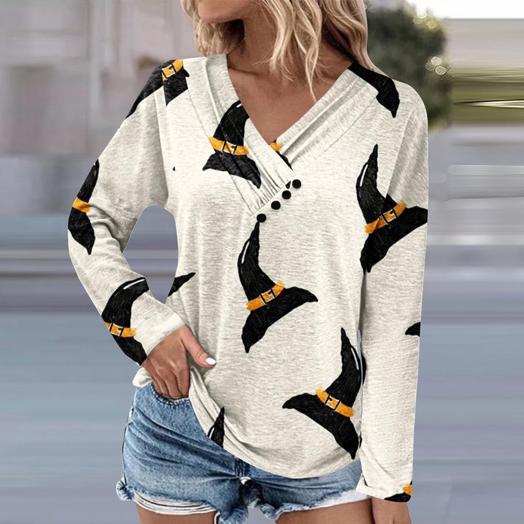 Женская туника с длинным рукавом, свободные топы, повседневные топы оверсайз, плиссированная туника на пуговицах, повседневные осенние женские топы с принтом на Хэллоуин
