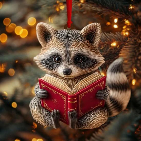 Cute Forest Fox/Raccoon Reading Ornament 2D Flat Acrylic Christmas Ornaments Woodland