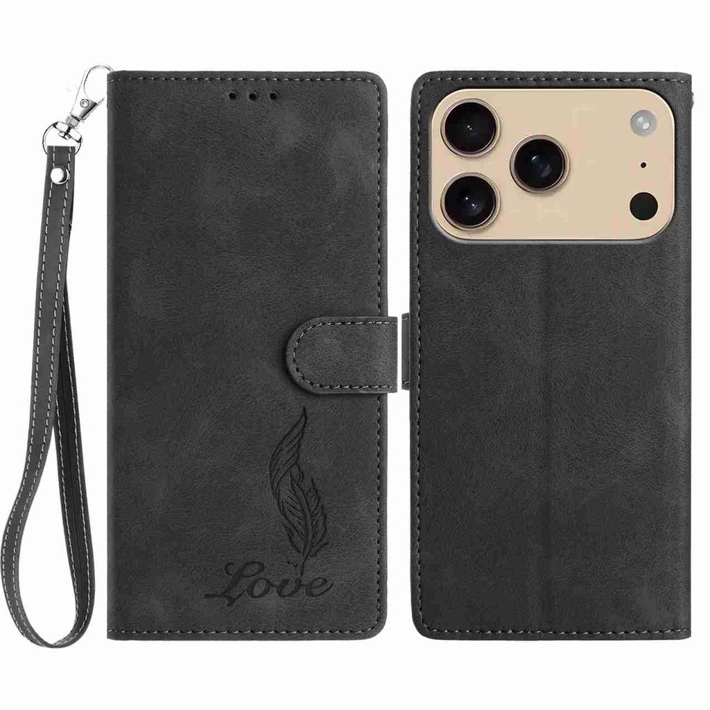 For iPhone 17 Pro Case Imprinted Feather PU Leather Wallet Phone Cover with Wrist Strap