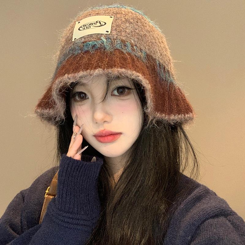 Retro Knitted Wool Bucket Hat Women'S Autumn And Winter Atmosphere Hat Big Head Circumference Shows Small Face Versatile Basin Hat