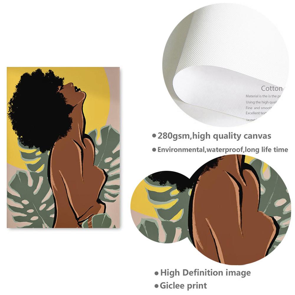 Африканское искусство Картина холст Черная женщина Черная девушка с тропическими листьями монстеры Постеры и принты Бохо Настенное искусство Картинки