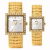 Yalalusi Luxury Textured Gold Band Square Diamond Bezel Couple Wrist Watches Gift Set for Lovers