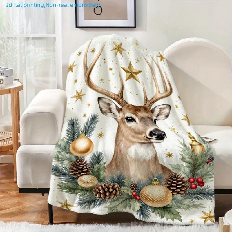 1pc Christmas Reindeer Theme Printed Blanket, Golden Stars And Pine Branches Decor, Multi-Size Available, Autumn Thanksgiving Christmas Nap Blanket, S