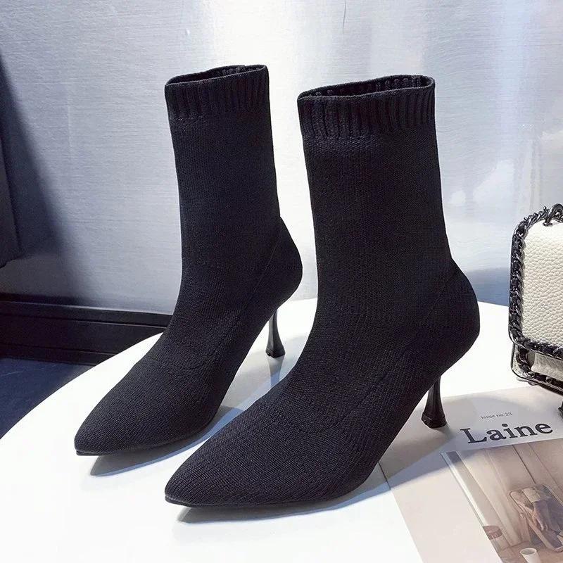 Носки Сапоги Женские Эластичные Тканевые Шпильки Каблук Сексуальные Ботильоны С Острым Носом Ботильоны Женские Тонкие Каблуки Вечерние Туфли
