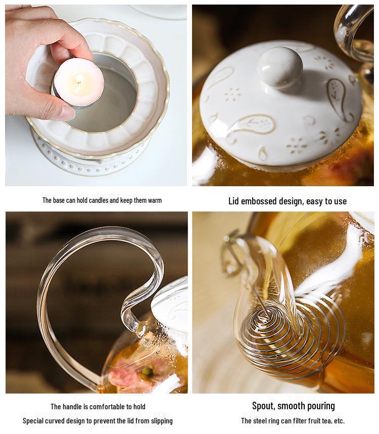 English Light Luxury Floral Teapot Set with Candle Heating Base - Heat-Resistant Glass for Afternoon Tea