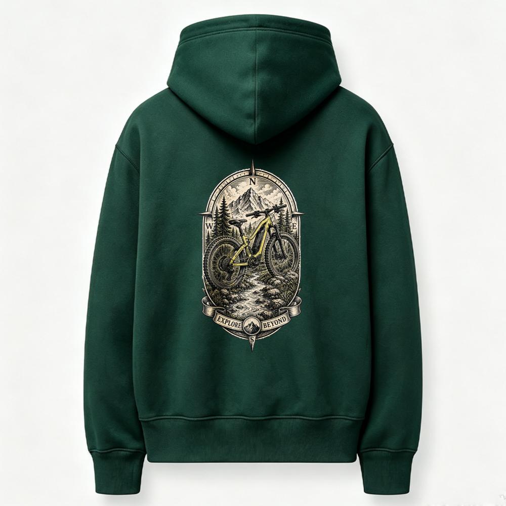 Mountain Bike Forest Mountain River Oval Frame Graphic Hoodie MTB Biking Nature Adventure Sweatshirt Cycling Outdoor Casual Tops