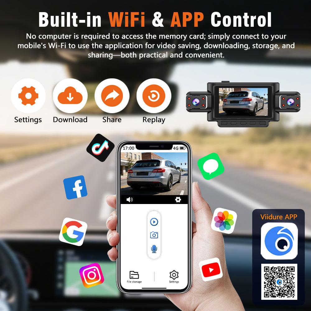 360° видеорегистратор для автомобиля с 4 объективами, WiFi-приложение, 1080P, 4-канальный видеорегистратор, камера салона и заднего вида