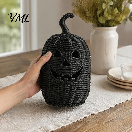 Handmade Woven Texture Craft Faux Rattan Halloween Pumpkin Figurine, Black Resin Statue with Witch Fall Holiday Window Display Hat, Rustic Wicker