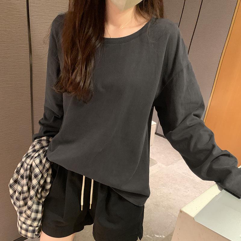 Round Neck Fashionable Loose White T-shirt with Long Sleeves for Women's New Korean Style Lazy Autumn and Winter Bottoming Shirt Top