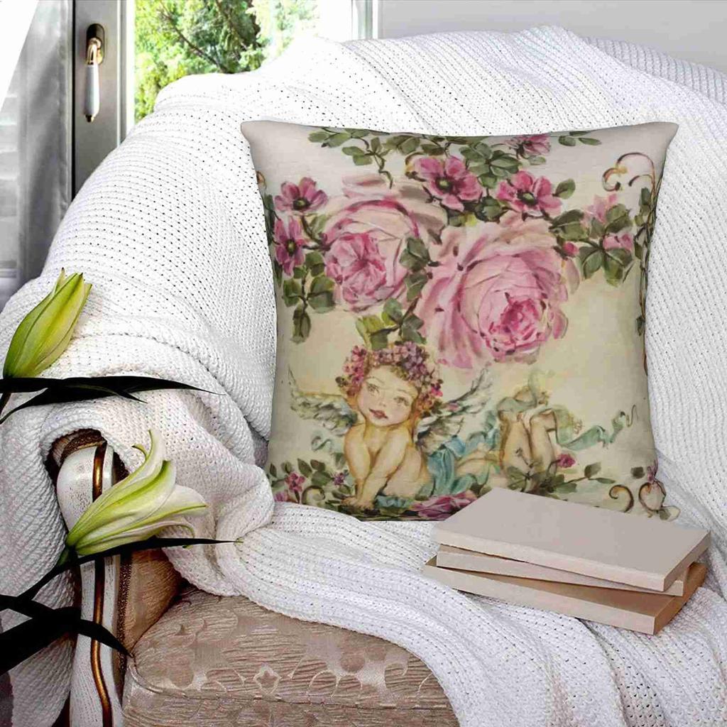 Sweet Cherub And Pink Roses Shabby Chic Throw Cushion Pillow Cover Pillowcase Shabby Chic Pink Roses Rose Paintings Hand