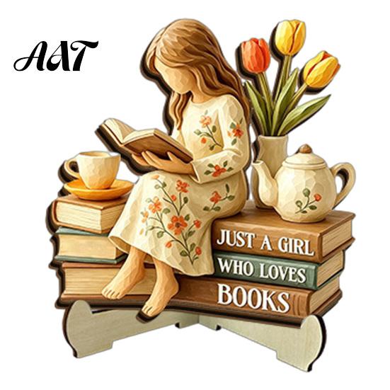 Exquisite Desktop Figurine Decor Wooden Reading Girl Figurine, Stable Pastoral Style Statue Decorative for Desk Decor, Artistic Healing Ornament,