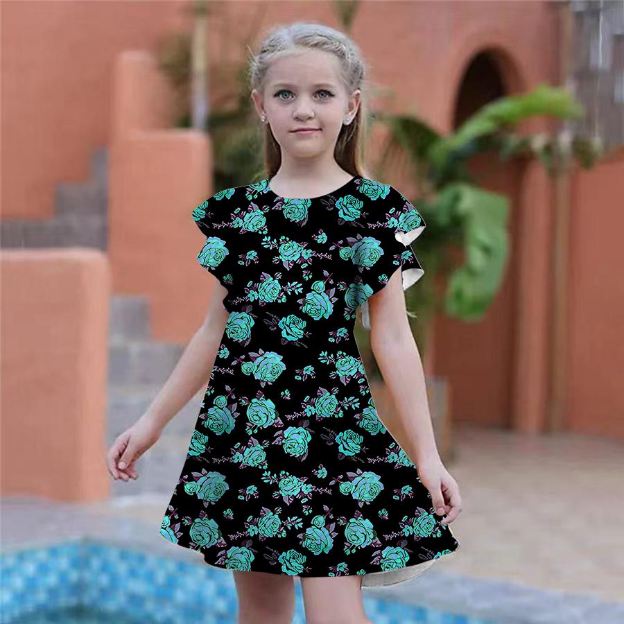Платья с принтом желтой розы для девочек. Детское праздничное платье для девочек. Свободная облегающая юбка с короткими рукавами для девочек старше четырех лет.