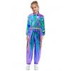 Unisex Kids Metallic Jacket Turn Down Collar Long Sleeve Outwear with Shiny Pants Dance Set