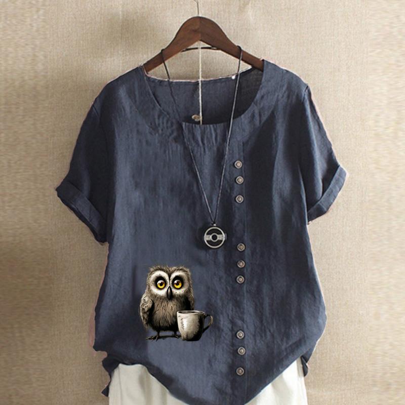 Women's Fashion Owl Prined Short Sleeve T-shirt Loose Cotton Shirt Casual Loose Summer Blouse Plus Size Tops