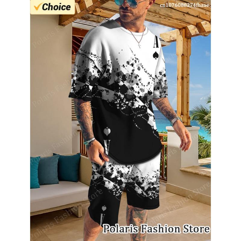 Летний черно-белый комплект футболок с принтом покера для мужчин, пляжный спортивный костюм с коротким рукавом, повседневная одежда из 2 предметов, мужская спортивная одежда