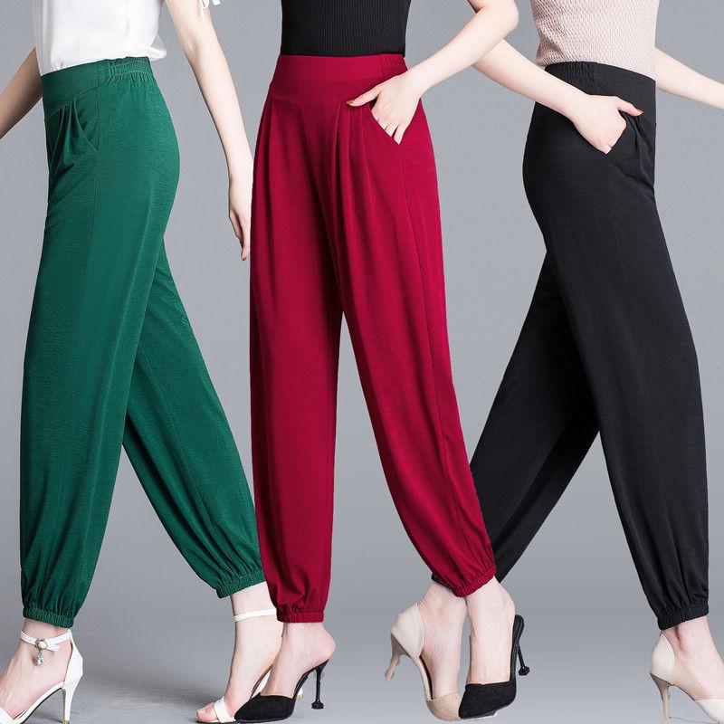 Women's Summer Thin Ice Silk Bloomers Plus Size Mother's Pants Ninth Anti-mosquito Women's Pants