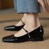 Spring 2025 Red Patent Leather Square Head Light Mouth Thick Low Heel French Retro Word with Mary Jane Single Shoes Women