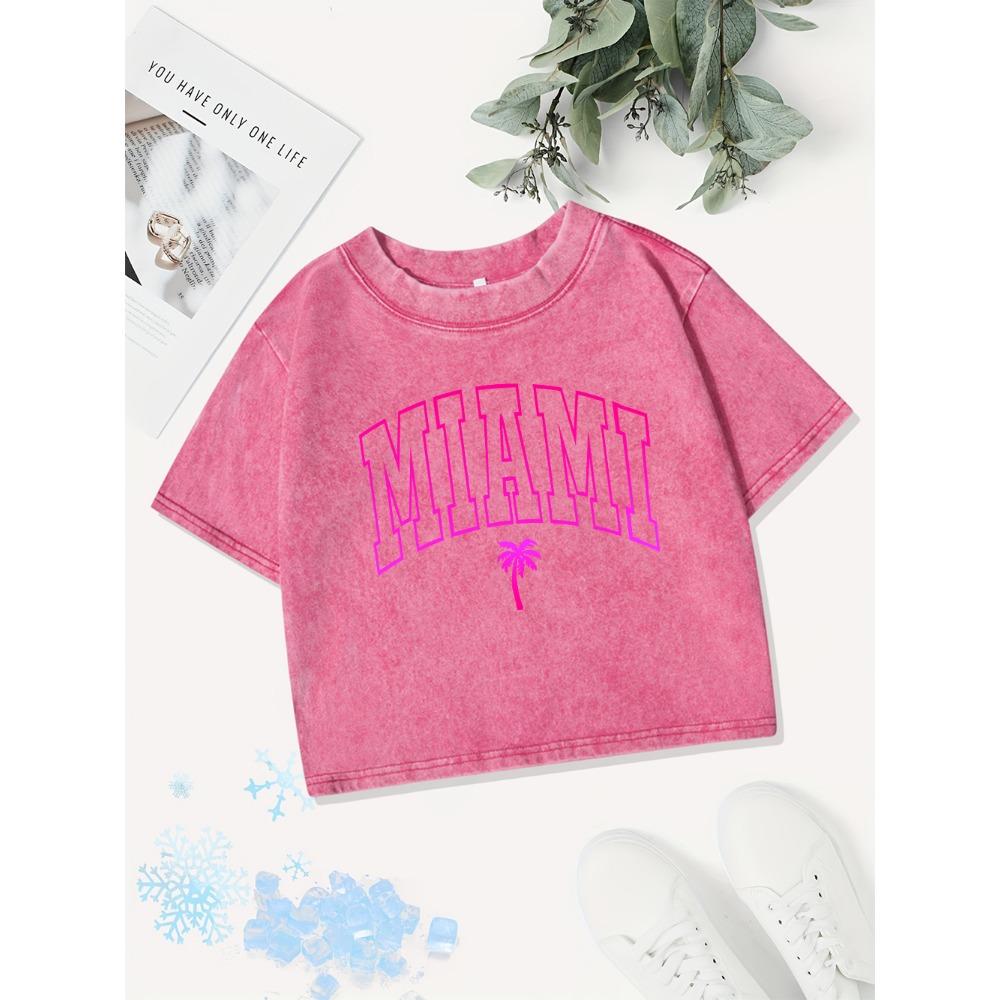 Street Cotton Crop Tops Womens Miami Letter Printing Washed T-Shirts Sexy O-Neck Regular Fit Streetwear Womans Clothes