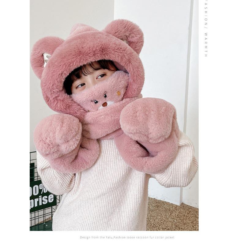 Осенне-зимняя шапка-медведь, женский комплект из четырех предметов: шарф и перчатки, милая теплая шапка, детская плюшевая шапка, защищающая от холода и ветра