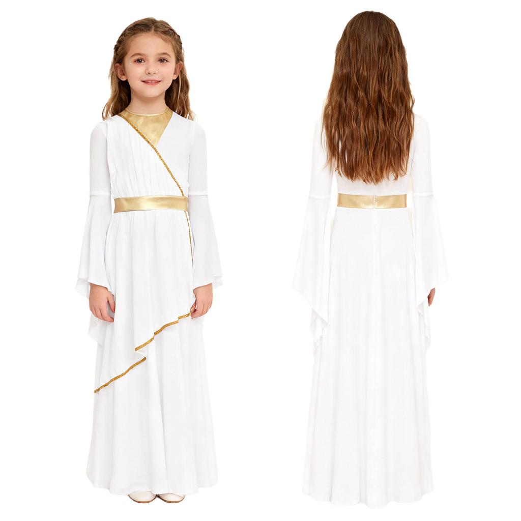 Halloween & Party Dress for Girls: Ancient Greek Princess Costume with Long Sleeves, Contrast Colors for Performance & Play