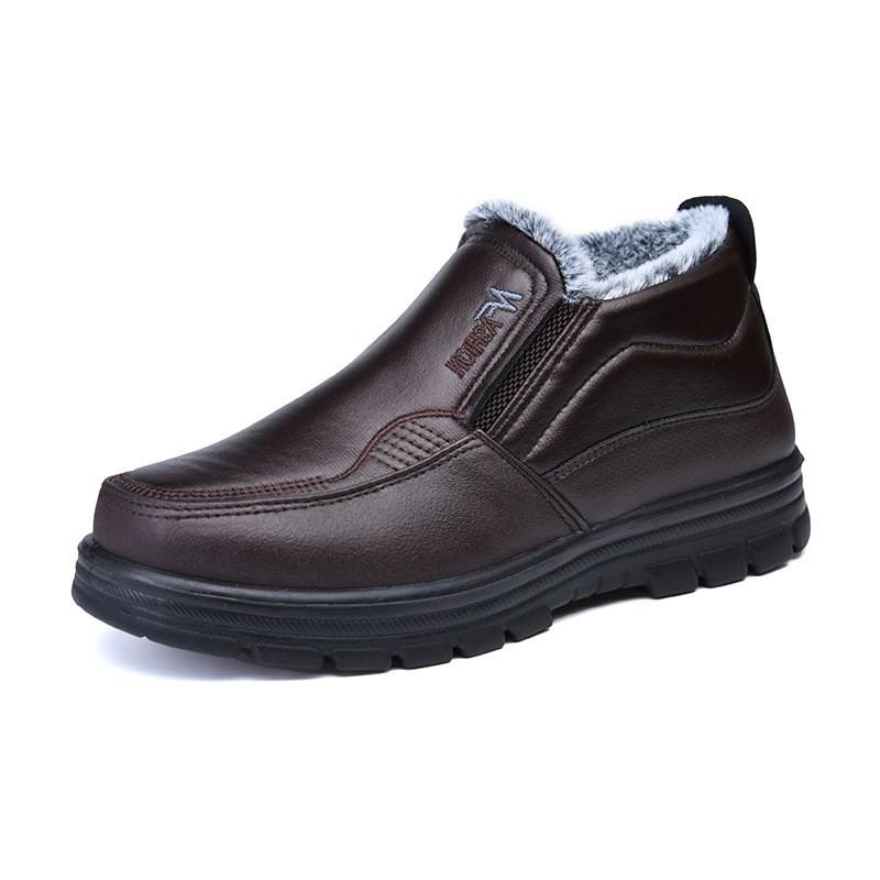 Mens Winter Waterproof PU Snow Boots With Faux Fur Lining Slip-On Warm Low-Cut