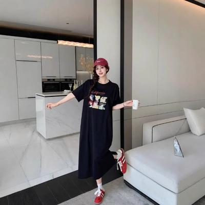Женское повседневное платье с круглым вырезом и короткими рукавами с рисунком из мультфильмов, летнее платье средней длины с разрезом