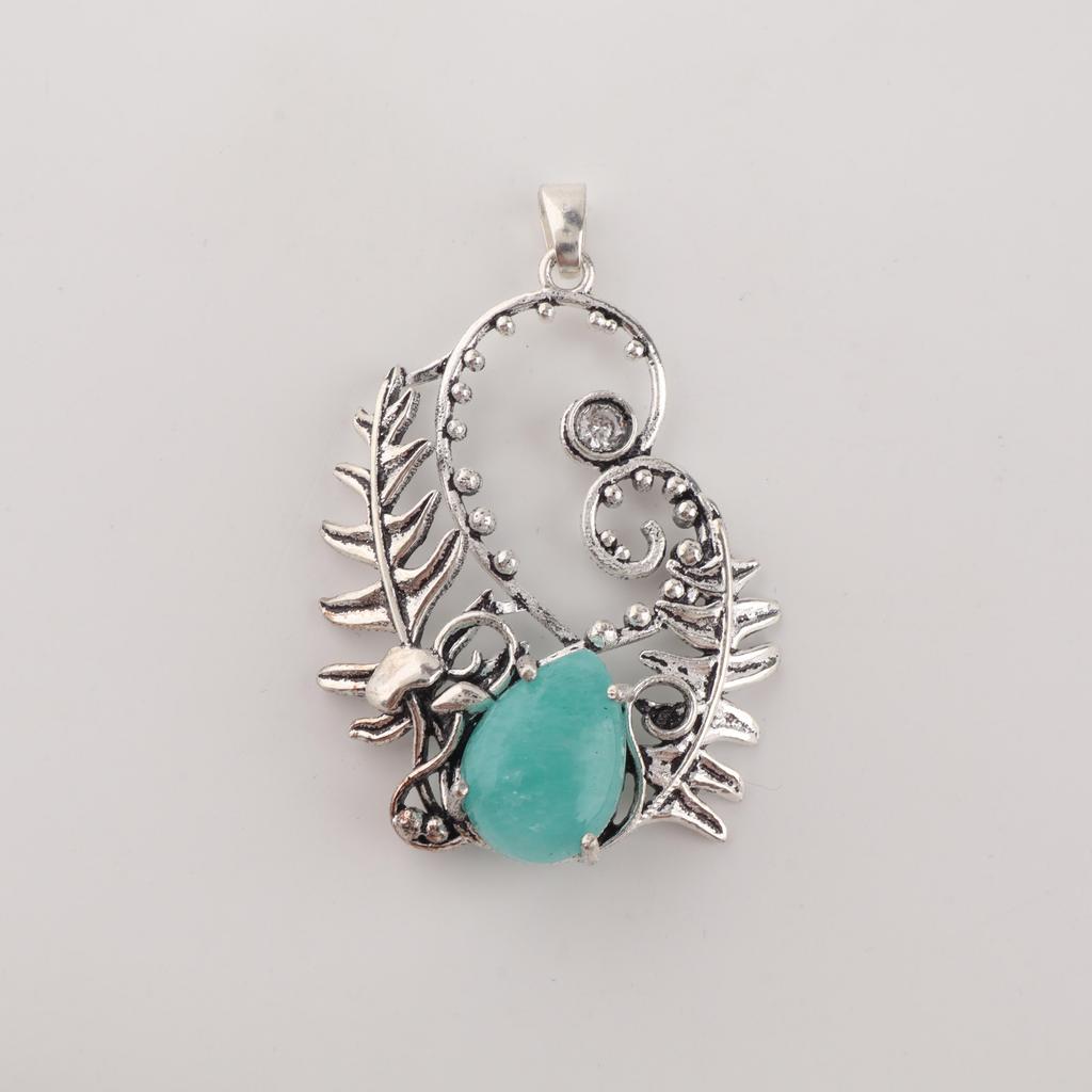 Натуральный Амазонит Драгоценный Камень 925 Стерлинговое Серебро Женские Свадебные Украшения Подвеска на Удачу 1,8" CP-42-23