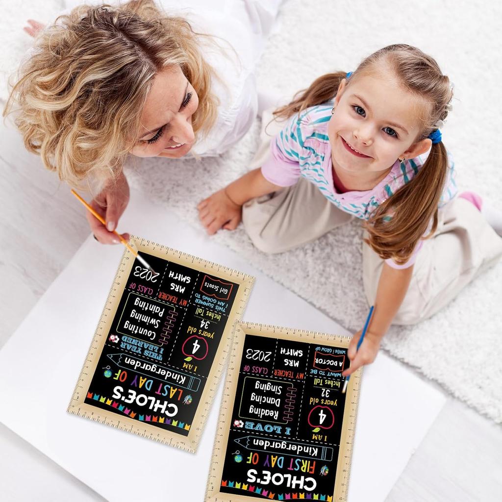 Pajean First and Last Day of School Board Sign Chalkboard with Ruler Frame Printing, Reble Back to School Board Wooden Double Sided Photo Prop, 14 x