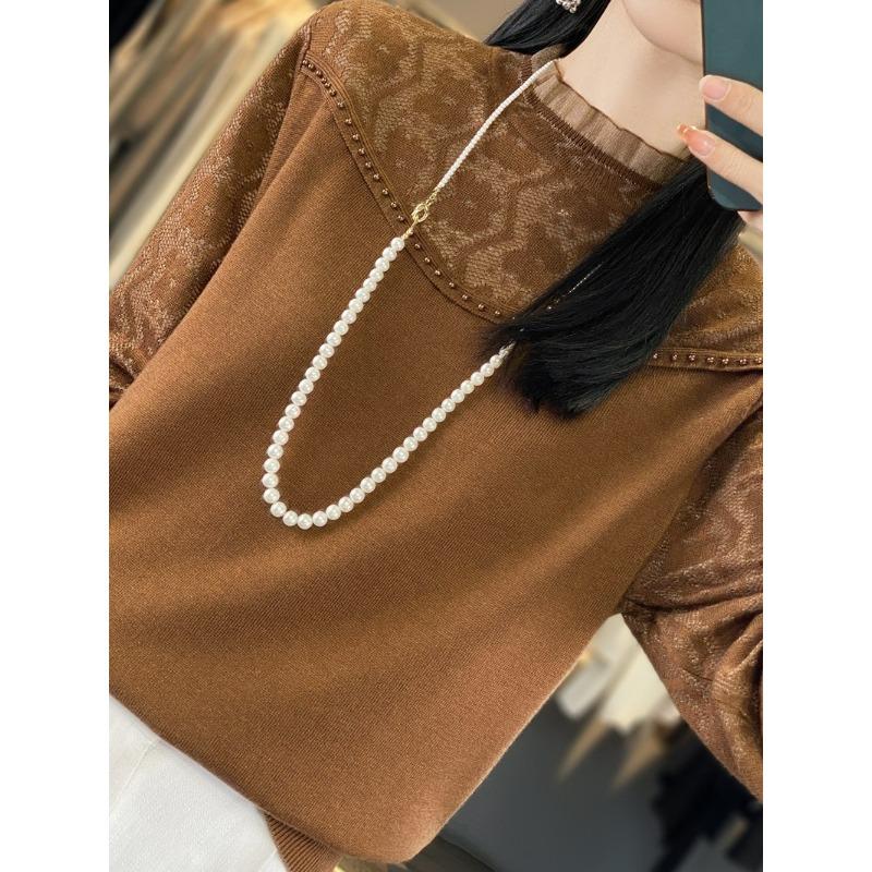 Весенне-осенний женский вязаный свитер с деревянным воротником и ушками, кружевной ажурный шерстяной свитер, свободный однотонный свитер с полувысоким воротом, тонкая рубашка