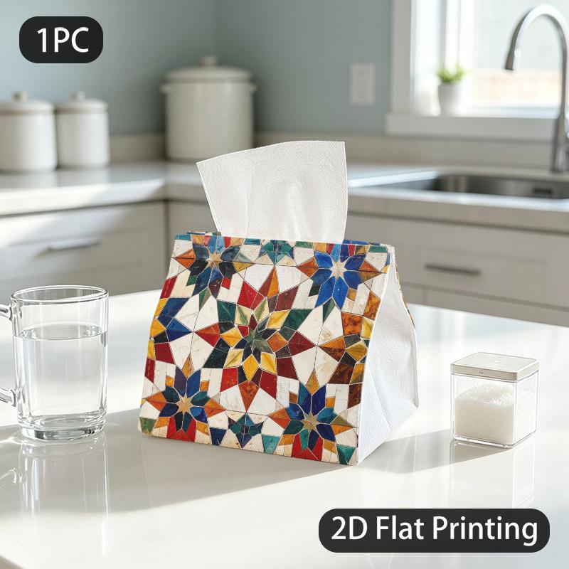 1pc Tissue Box, Moorish Symmetric Star Vibrant Ornament Pattern, 2D Flat Printing, Lightweight, Easy to Carry, Tissue Pouch, for Bedroom, 2D Flat