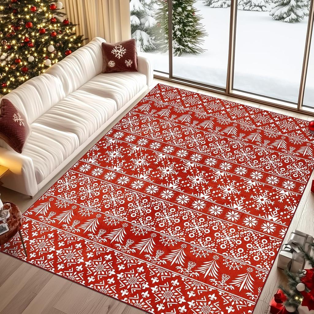 Non-Slip Soft Large Carpet with Red Snowflake, Low Pile Faux Wool Xmas Throw Rug for Living Room, Hallway, Kitchen, Entryway