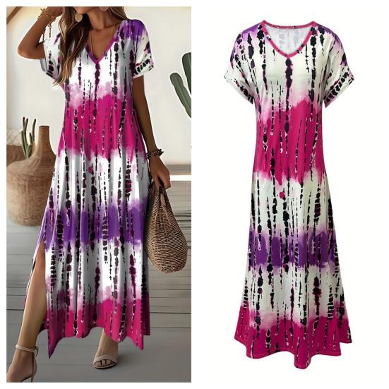 Women Summer Dress V-Neck Short Sleeve Side Slit Design Maxi Dress Tie Dye Print