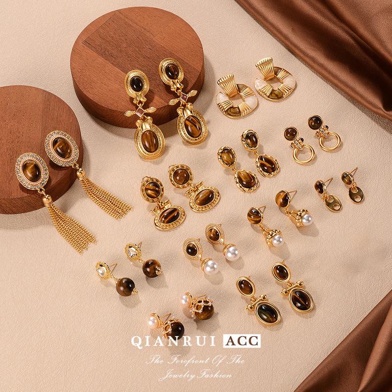 Maillard Осень/Зима Высококлассные Геометрические Серьги с Кисточками из Тигрового Глаза