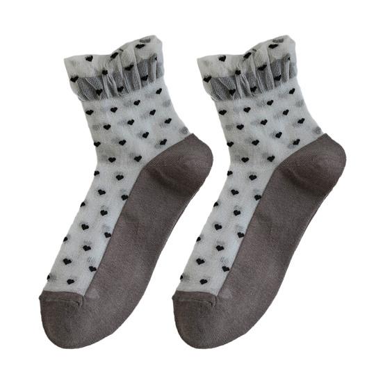 Women's Mesh Sheer Socks Heart Print Ruffle Ankle Socks Summer Ultra Thin Cool See Through Lace Socks