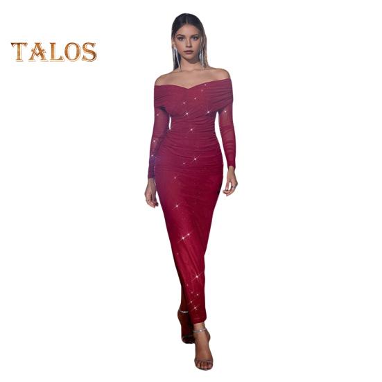 Женское вечернее платье с открытыми плечами, длинными рукавами, сетчатое, пэчворк, плиссированное, с крестом, бандо, облегающее, для выпускного, свадьбы, вечеринки, коктейльного макси-платья