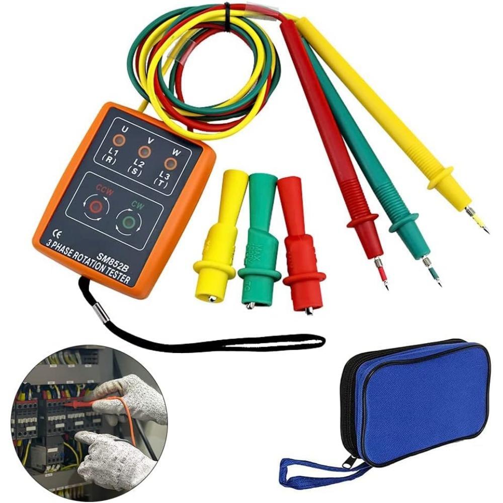 Тестер фаз, измеритель поля вращения переменного тока 60 В ~ 600 В, 3 индикатора чередования фаз, детекторный измеритель с зажимами типа «крокодил» и тестером зуммера