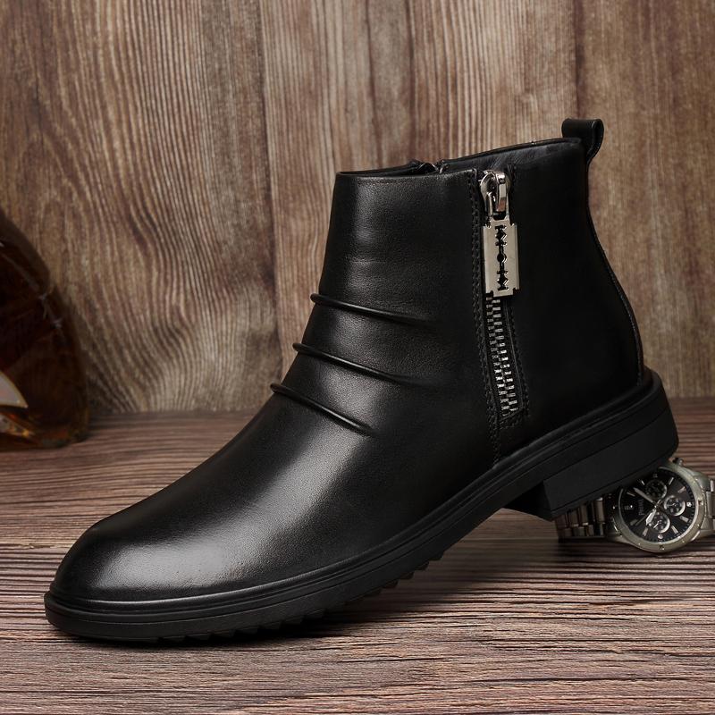 High Quality Men's Ankle Boots Genuine Leather Man Business Shoes Side Zipper Chelsea Boots Luxury Brand Warm Winter Ankle Shoes