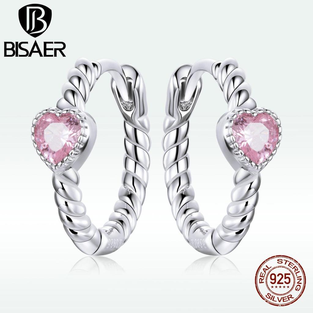 Bisaer Серьги Pure Love из стерлингового серебра 925 пробы с розовым драгоценным камнем и цирконием, круглые серьги с пряжкой для женщин, свадебные эффектные ювелирные изделия