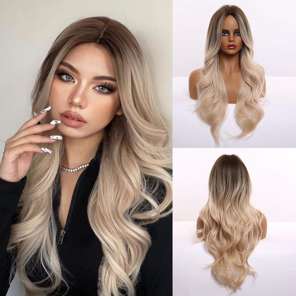 HAIRCUBE Белый Платиновый Смешанный Коричневый Синтетические Парики Длинные Волнистые Парики Из Натуральных Волос для Женщин Средняя Часть Ежедневные Термостойкие Парики