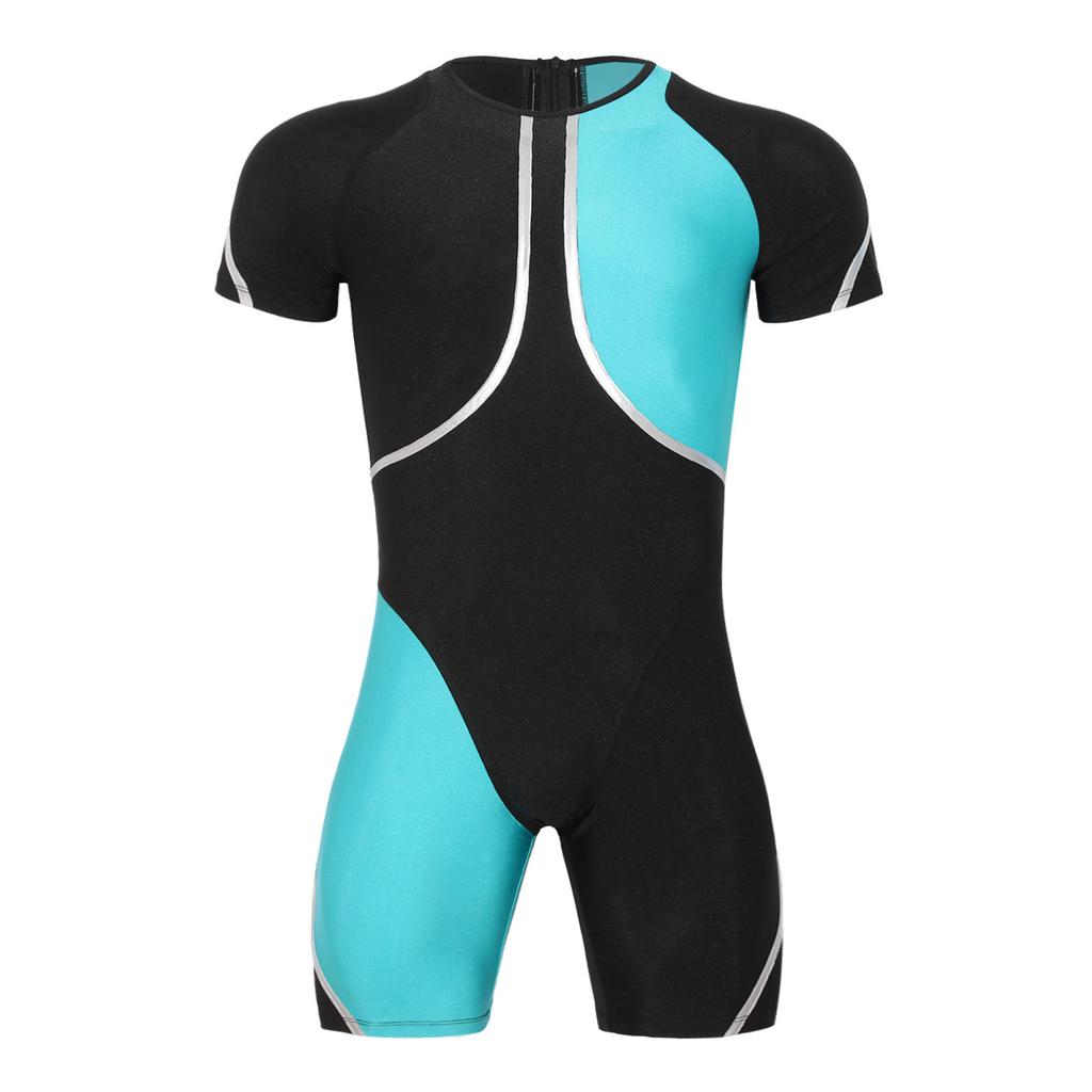 Men‘s Metallic Trim Color Block Swim Jumpsuit Short Sleeve Thigh Length Bodysuit with Back Hidden Zipper for Swimming Training